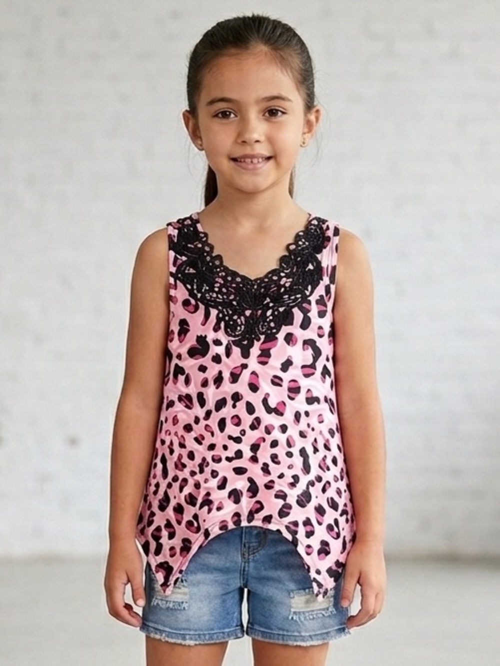 VTG Faded Glory Girls Pink Leopard Print Lace Trim Shark bite Hem TankTop M